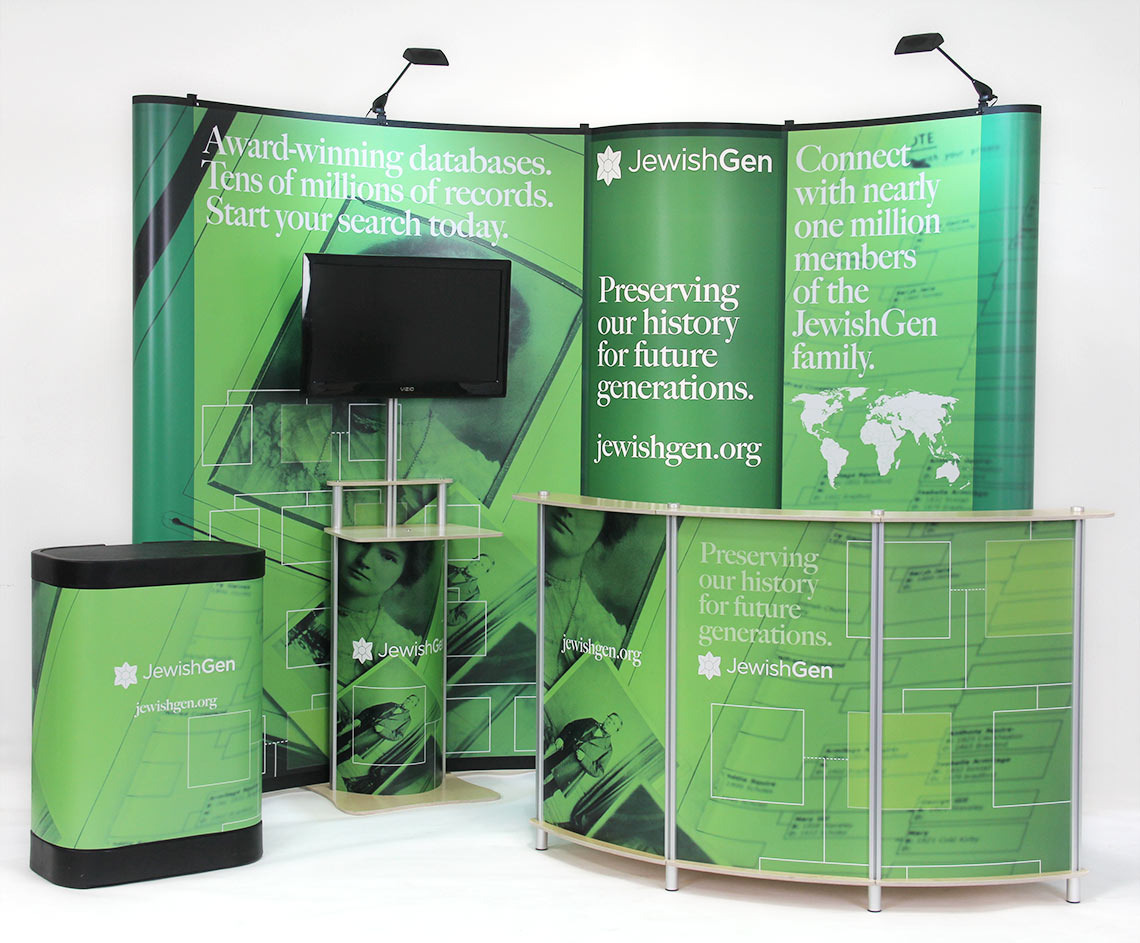 Value 10 ft Pop-Up Display with Bubble Panel, Twist Pop-Up Monitor Stand & Twist 30-23 Reception Desk 